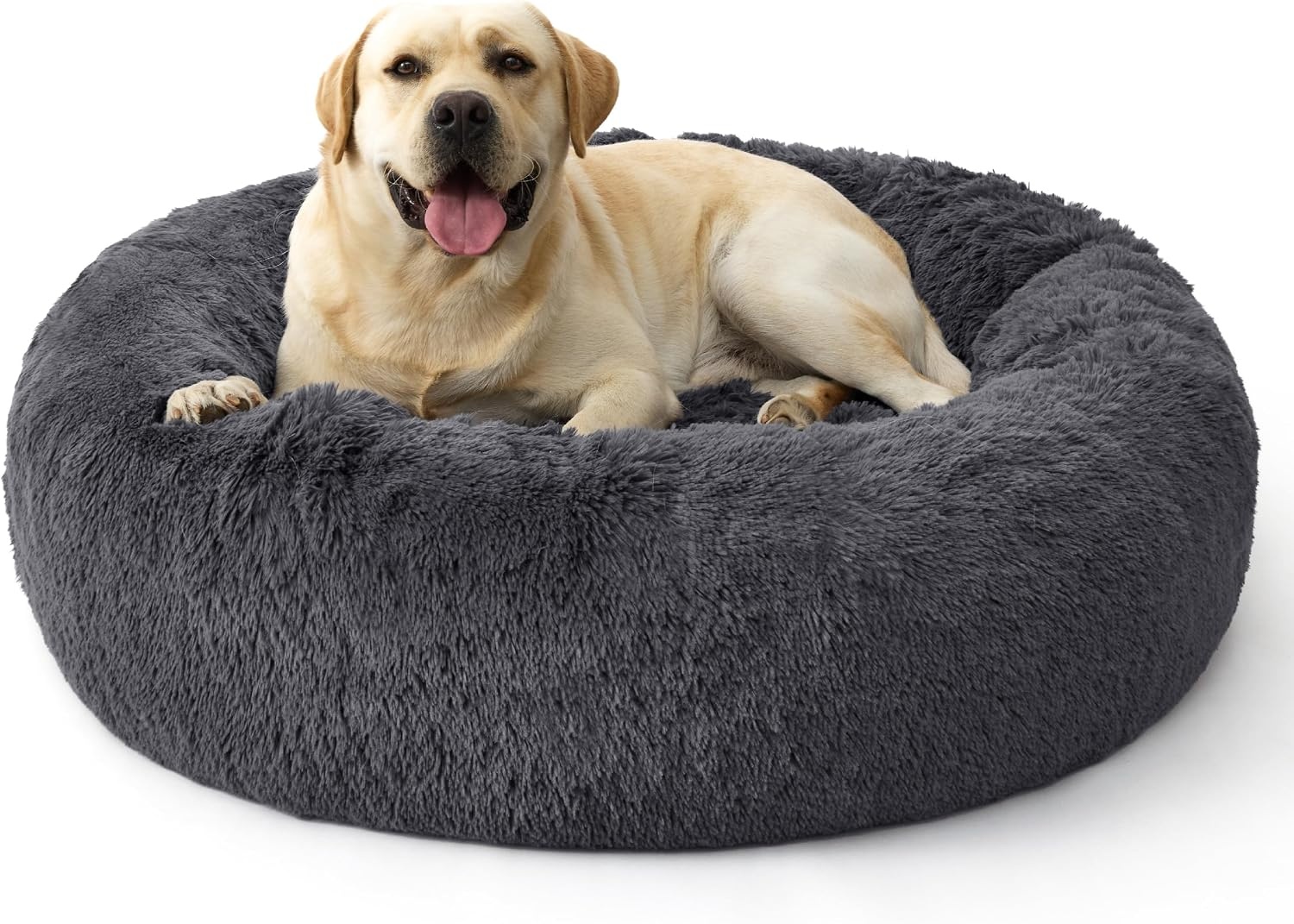 image:imageBedsure SupportMax Calming Dog Bed Medium Size Dog Washable Pet Bed30in 420GSM Plush Fluffy Faux Fur Donut RoundThick SupportiveRemovable CoverAntiSlipAntiAnxietyUp to 45 LbsCamelDark Grey
