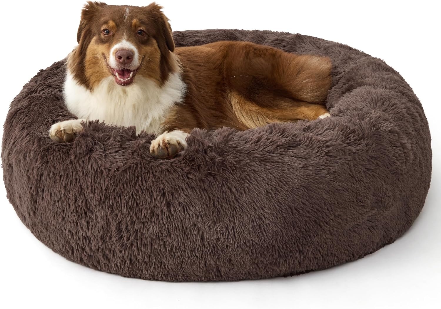image:imageBedsure SupportMax Calming Dog Bed Medium Size Dog Washable Pet Bed30in 420GSM Plush Fluffy Faux Fur Donut RoundThick SupportiveRemovable CoverAntiSlipAntiAnxietyUp to 45 LbsCamelChestnut Brown