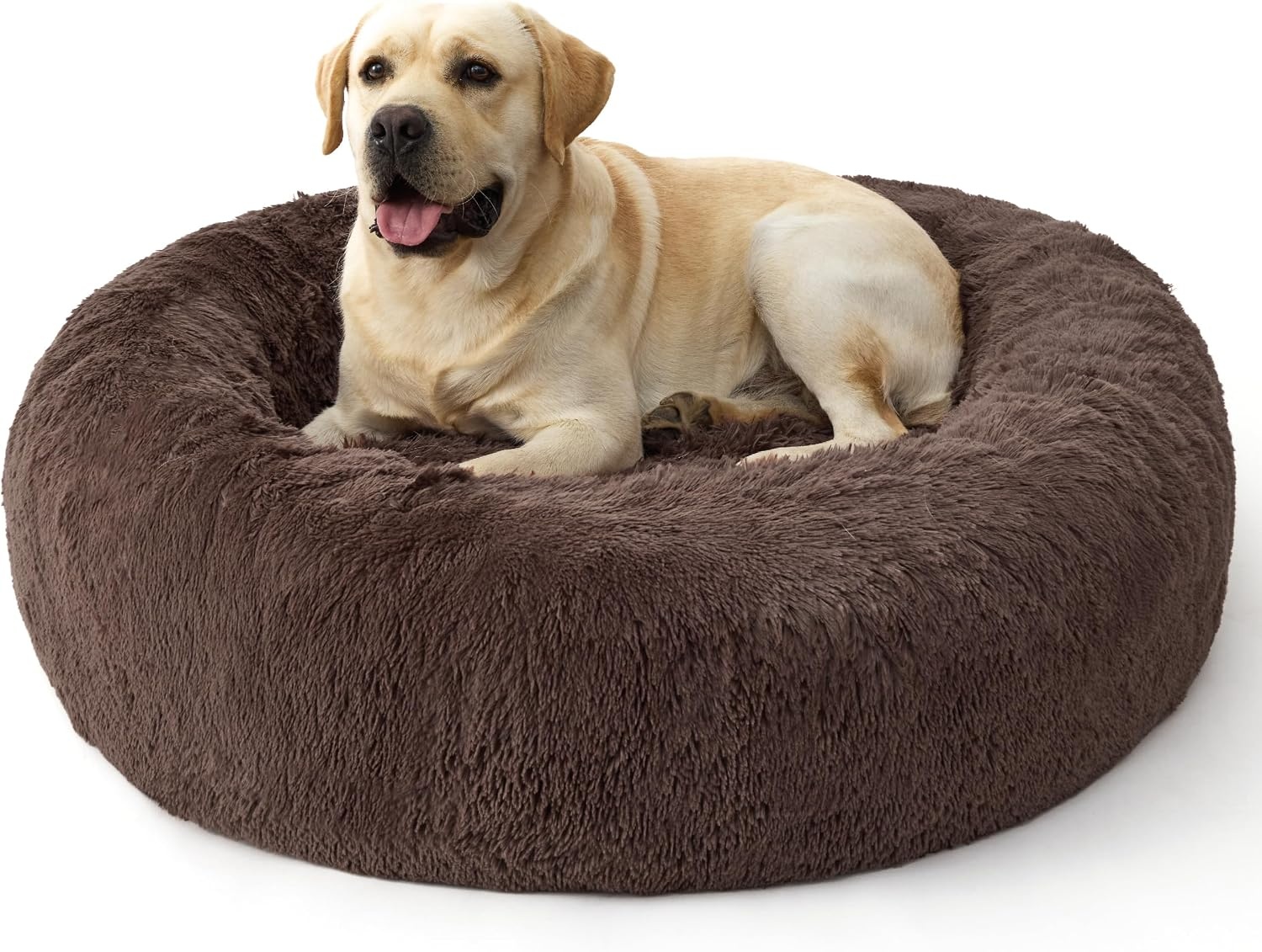image:imageBedsure SupportMax Calming Dog Bed Medium Size Dog Washable Pet Bed30in 420GSM Plush Fluffy Faux Fur Donut RoundThick SupportiveRemovable CoverAntiSlipAntiAnxietyUp to 45 LbsCamelChestnut Brown
