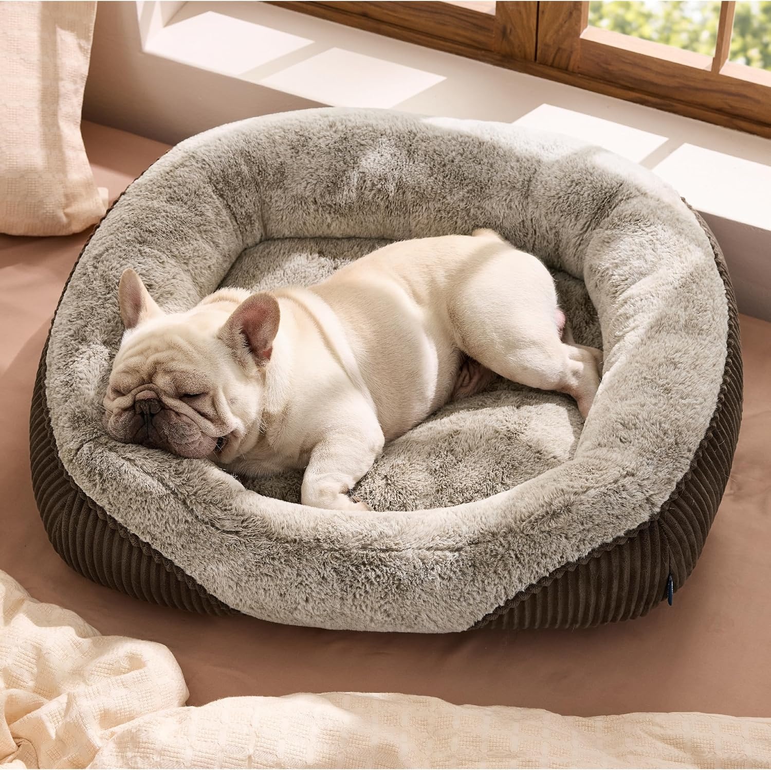 image:imageBedsure Washable Dog Bed Medium Size Dog Rectangle Big Pet Bed30x24x8in Soft Comfy Corduroy FleeceFaux Fur PlushNonskid BottomSuitable for Dogs Up to 35lbsGreyBrown
