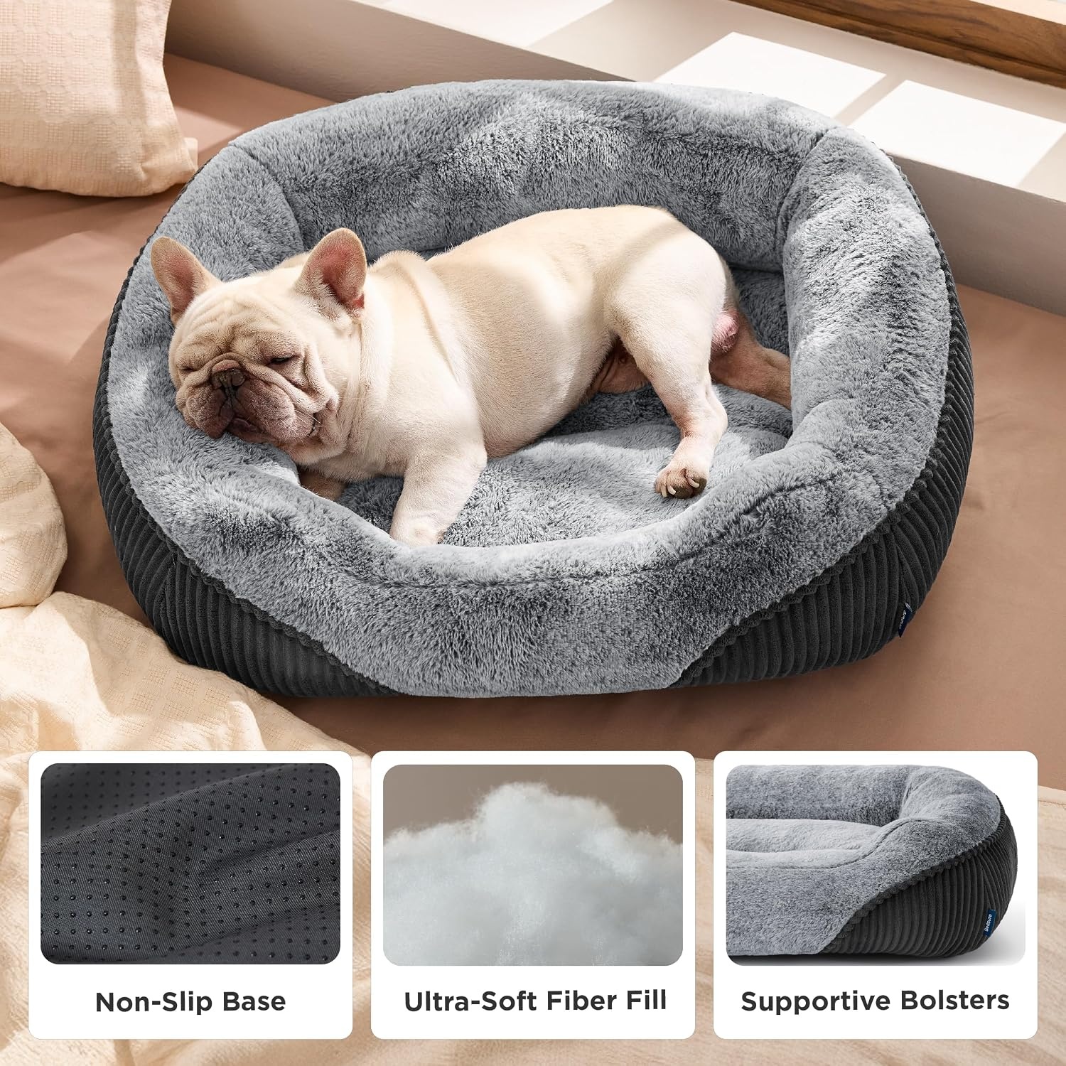 image:imageBedsure Washable Dog Bed Medium Size Dog Rectangle Big Pet Bed30x24x8in Soft Comfy Corduroy FleeceFaux Fur PlushNonskid BottomSuitable for Dogs Up to 35lbsGreyGrey