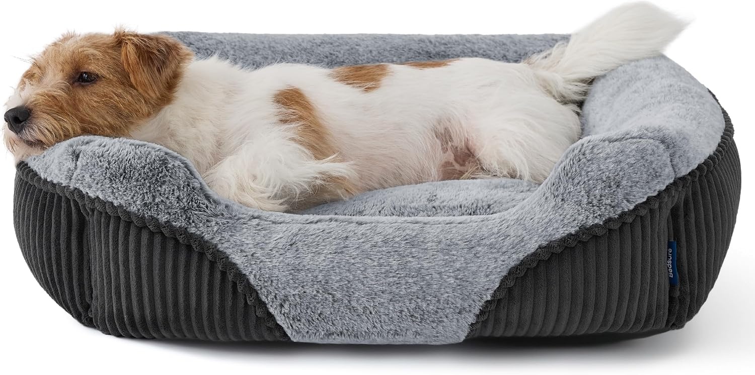 image:imageBedsure Washable Dog Bed Medium Size Dog Rectangle Big Pet Bed30x24x8in Soft Comfy Corduroy FleeceFaux Fur PlushNonskid BottomSuitable for Dogs Up to 35lbsGreyGrey