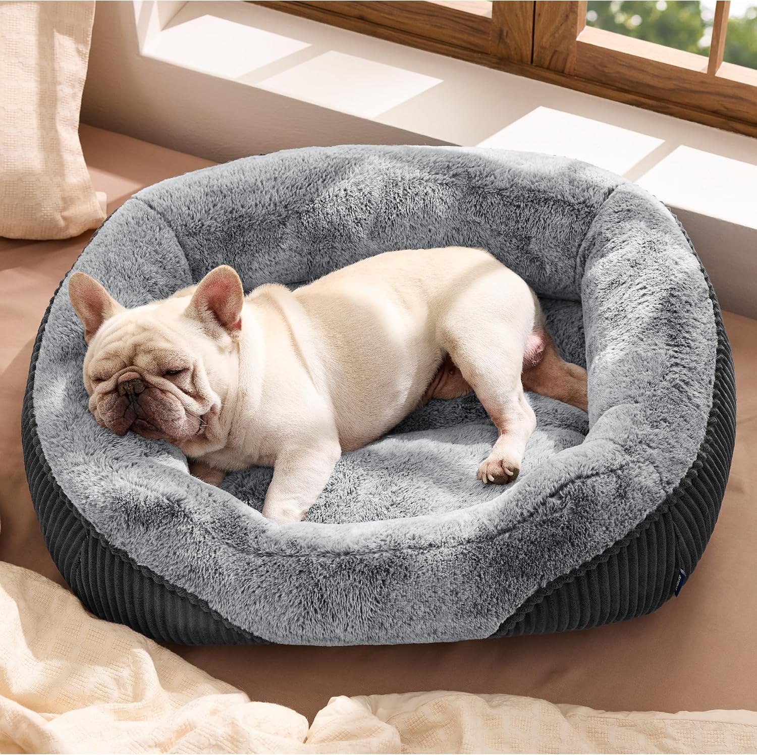 image:imageBedsure Washable Dog Bed Medium Size Dog Rectangle Big Pet Bed30x24x8in Soft Comfy Corduroy FleeceFaux Fur PlushNonskid BottomSuitable for Dogs Up to 35lbsGreyGrey
