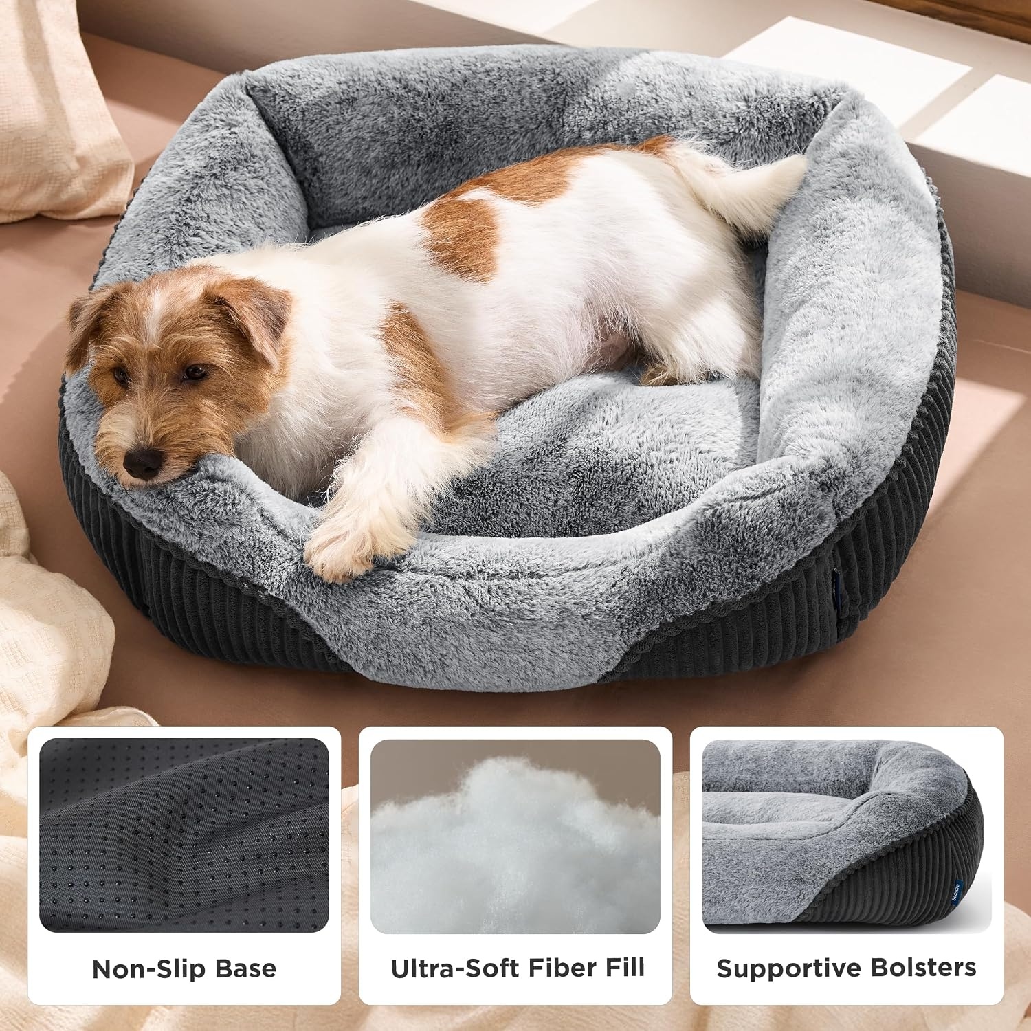 image:imageBedsure Washable Dog Bed Medium Size Dog Rectangle Big Pet Bed30x24x8in Soft Comfy Corduroy FleeceFaux Fur PlushNonskid BottomSuitable for Dogs Up to 35lbsGreyGrey