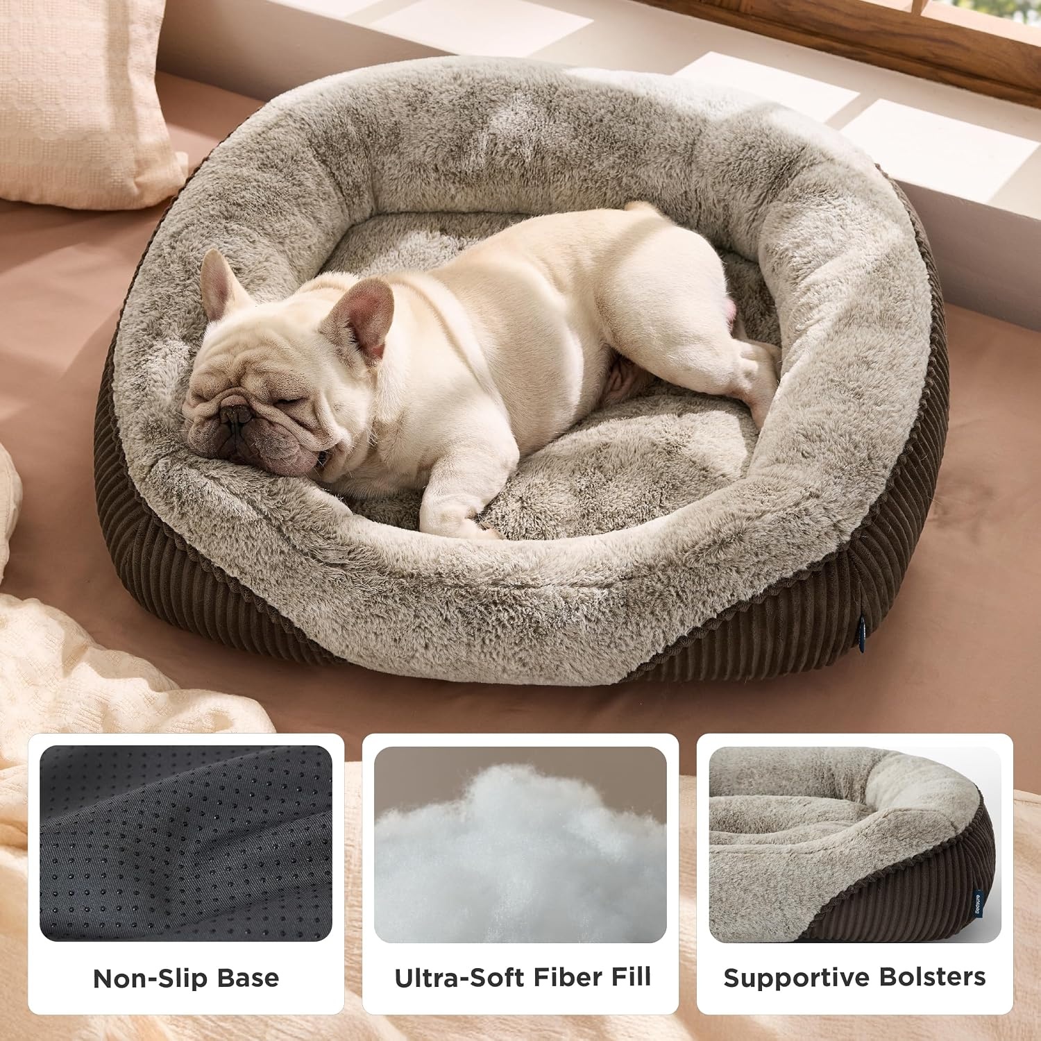 image:imageBedsure Washable Dog Bed Medium Size Dog Rectangle Big Pet Bed30x24x8in Soft Comfy Corduroy FleeceFaux Fur PlushNonskid BottomSuitable for Dogs Up to 35lbsGreyBrown