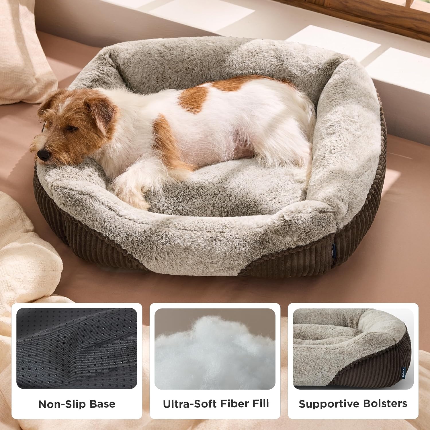 image:imageBedsure Washable Dog Bed Medium Size Dog Rectangle Big Pet Bed30x24x8in Soft Comfy Corduroy FleeceFaux Fur PlushNonskid BottomSuitable for Dogs Up to 35lbsGreyBrown