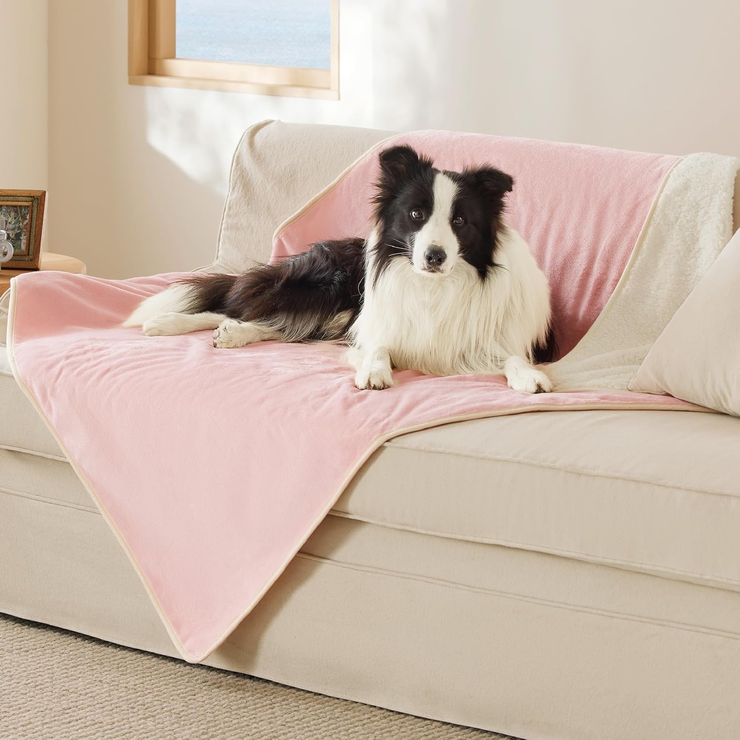 image:imageBedsure Waterproof Dog Blankets for Large Dogs Sherpa Fleece Throw 40X50 Washable Soft Plush Pet Cat Blanket for Couch Cover Reversible Cozy Calming Furniture Protector Warm for Senior DogsGreyAzalea Pink