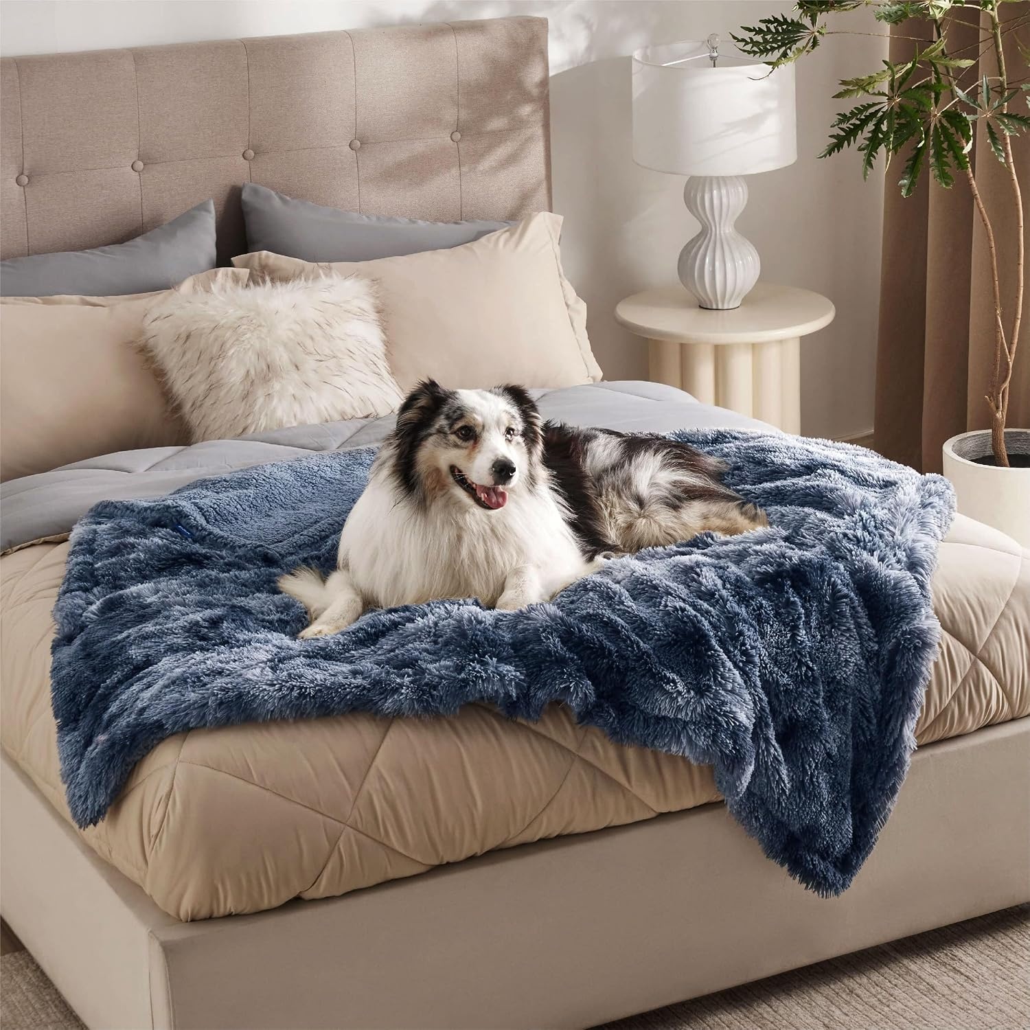 image:imageBedsure Waterproof Dog Blankets for Medium Dogs Fluffy Faux Fur 40x50 Plush Fuzzy Reversible Pet Blankets for Couch and Dog BedSoft Calming Throw Cat Blanket Washable Dog Gift GreyTiedye Navy