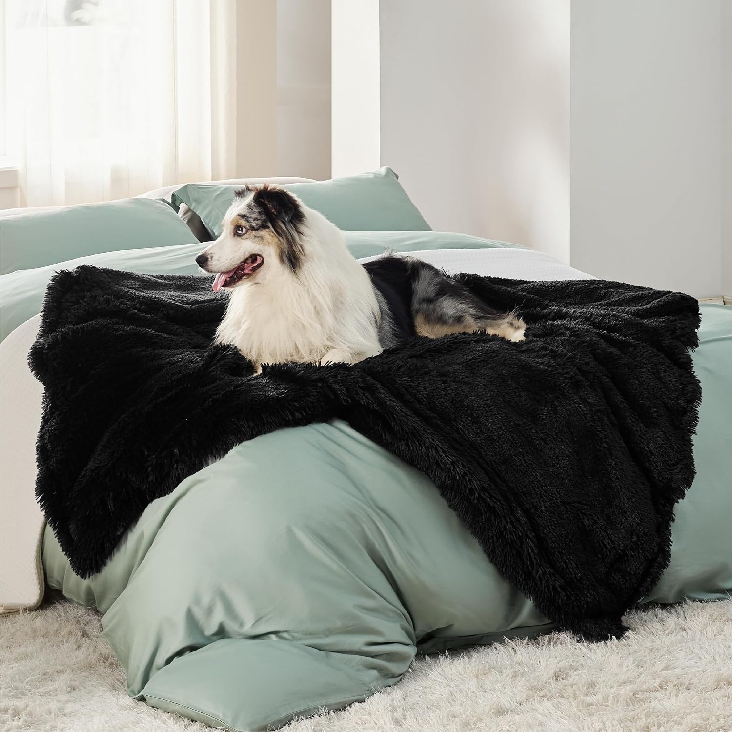 image:imageBedsure Waterproof Dog Blankets for Medium Dogs Fluffy Faux Fur 40x50 Plush Fuzzy Reversible Pet Blankets for Couch and Dog BedSoft Calming Throw Cat Blanket Washable Dog Gift GreyBlack