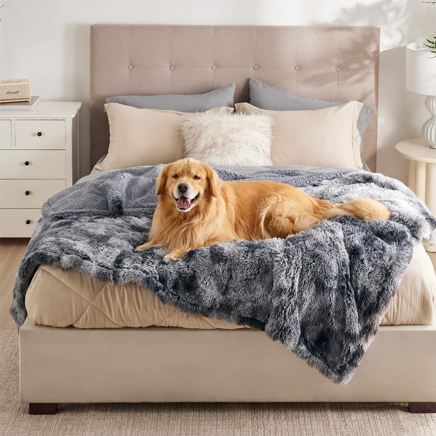 image:imageBedsure Waterproof Dog Blankets for Medium Dogs Fluffy Faux Fur 40x50 Plush Fuzzy Reversible Pet Blankets for Couch and Dog BedSoft Calming Throw Cat Blanket Washable Dog Gift GreyTiedye Grey