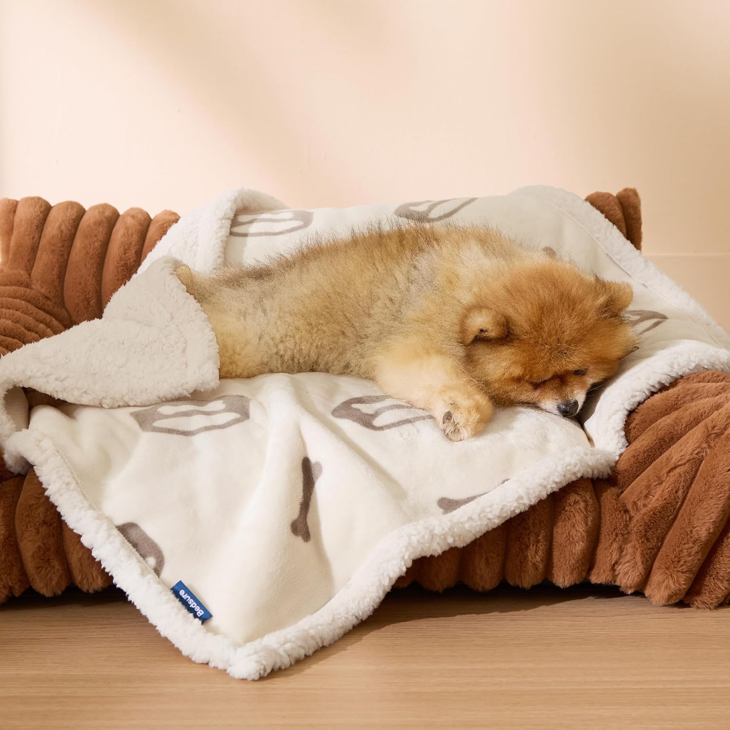 image:imageBedsure Waterproof Dog Blankets for Small Dogs 25X35 Anchor Gray Soft Print Sherpa Fleece Puppy Cat Blanket Washable Cozy Plush Reversible Throw Furniture Protector for Pet Kitten DoggyBeigebone