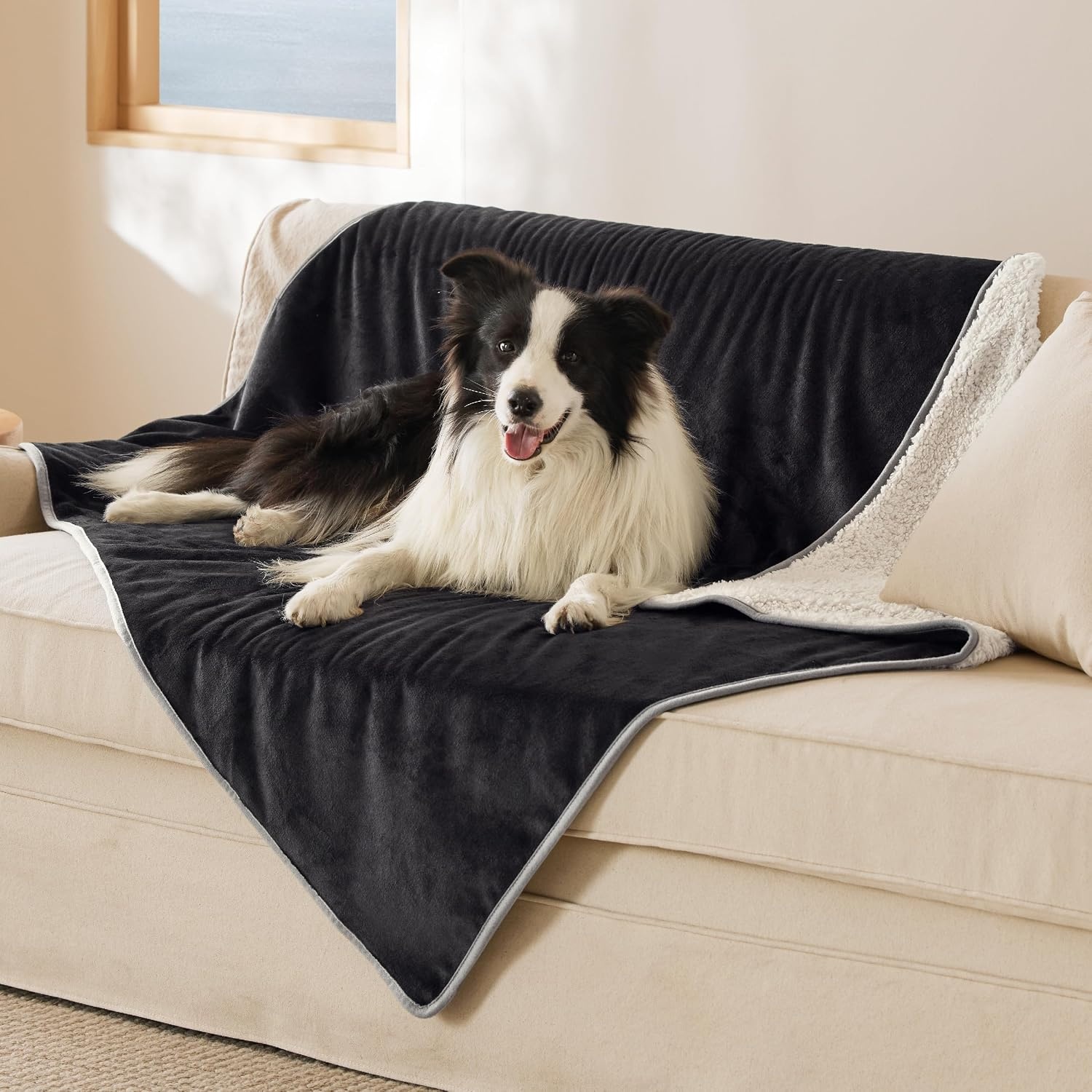 image:imageBedsure Waterproof Dog Blankets for Small Dogs 25X35 Anchor Gray Soft Print Sherpa Fleece Puppy Cat Blanket Washable Cozy Plush Reversible Throw Furniture Protector for Pet Kitten DoggyBlack