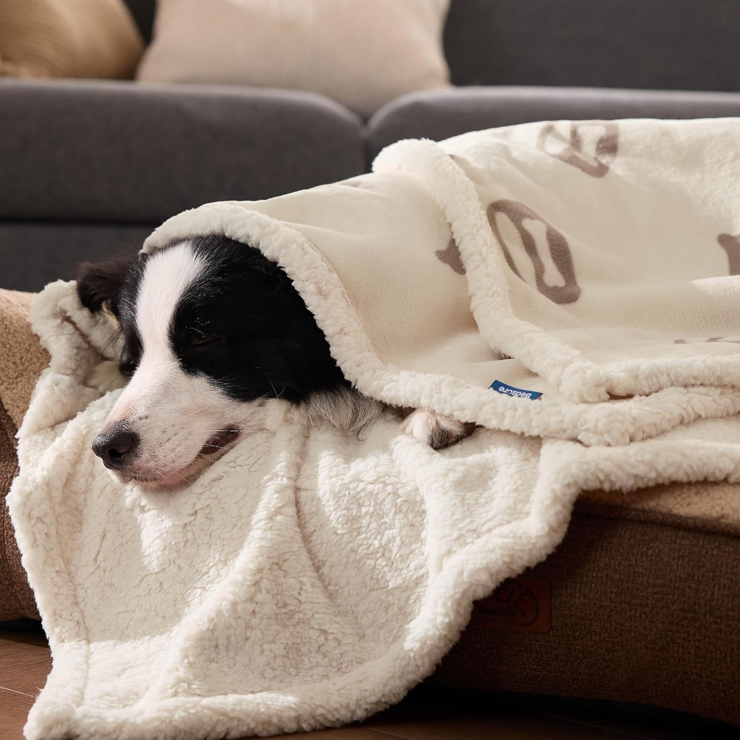 image:imageBedsure Waterproof Dog Blankets for Small Dogs 25X35 Anchor Gray Soft Print Sherpa Fleece Puppy Cat Blanket Washable Cozy Plush Reversible Throw Furniture Protector for Pet Kitten DoggyBeigebone