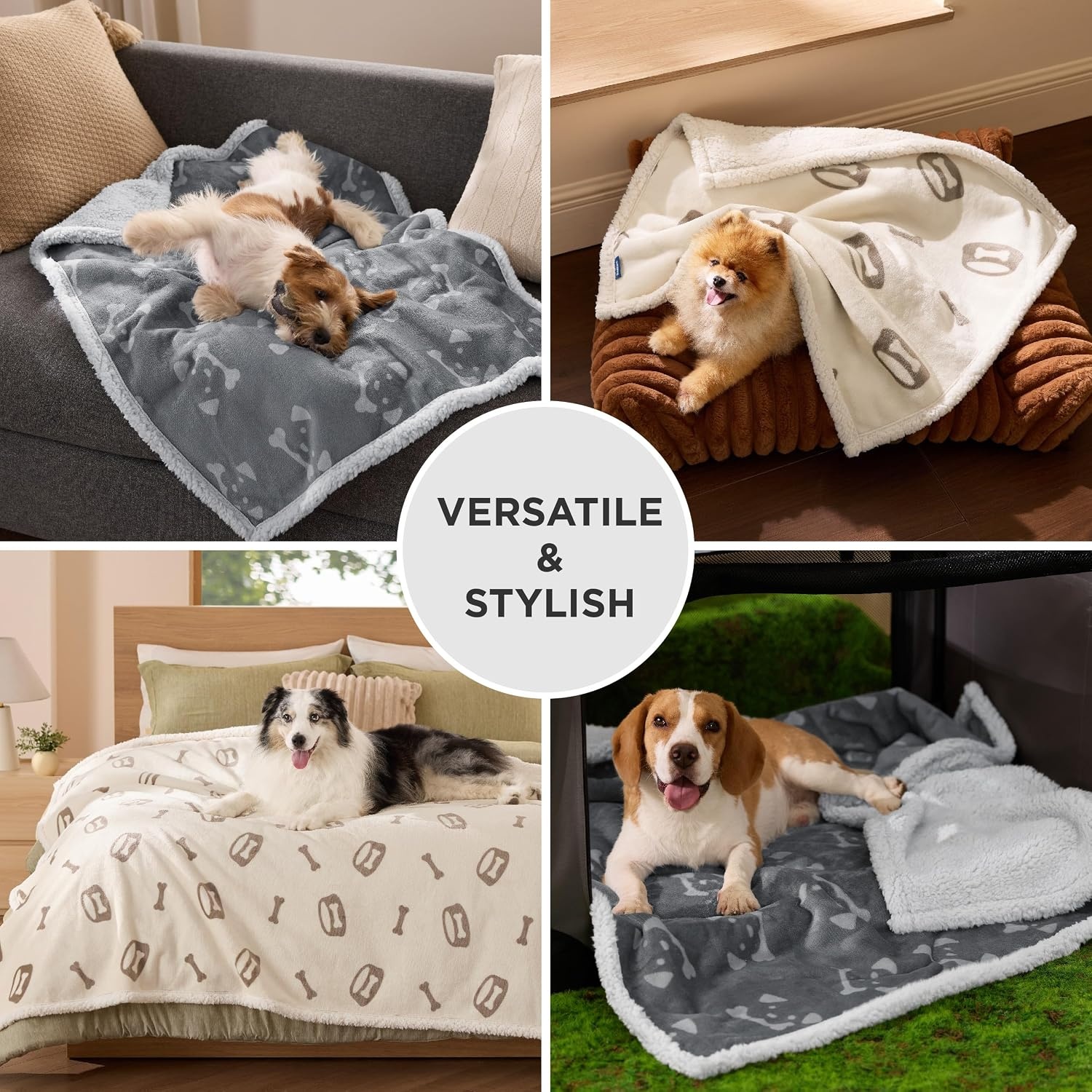 image:imageBedsure Waterproof Dog Blankets for Small Dogs 25X35 Anchor Gray Soft Print Sherpa Fleece Puppy Cat Blanket Washable Cozy Plush Reversible Throw Furniture Protector for Pet Kitten DoggyBeigebone