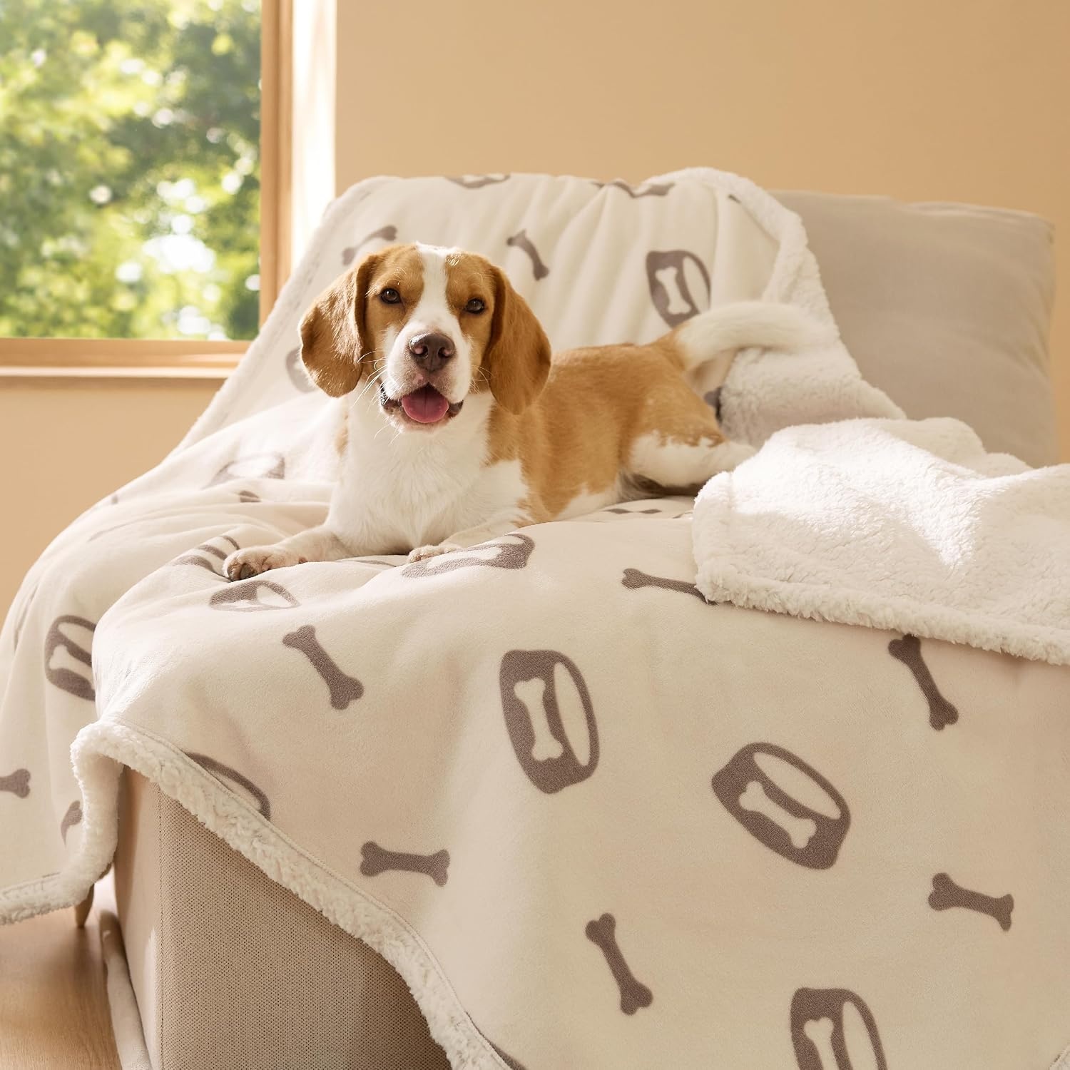 image:imageBedsure Waterproof Dog Blankets for Small Dogs 25X35 Anchor Gray Soft Print Sherpa Fleece Puppy Cat Blanket Washable Cozy Plush Reversible Throw Furniture Protector for Pet Kitten DoggyBeigebone