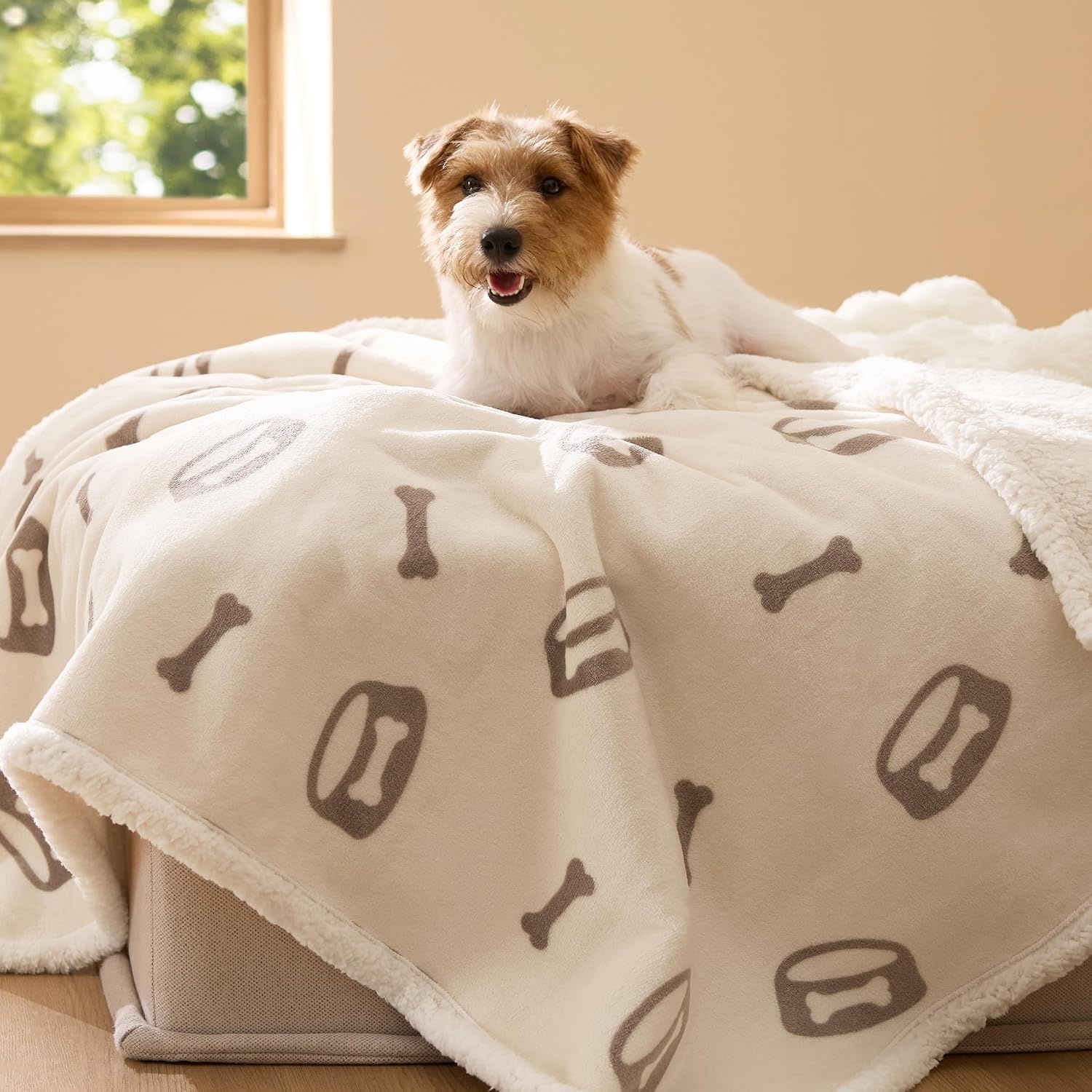 image:imageBedsure Waterproof Dog Blankets for Small Dogs 25X35 Anchor Gray Soft Print Sherpa Fleece Puppy Cat Blanket Washable Cozy Plush Reversible Throw Furniture Protector for Pet Kitten DoggyBeigebone