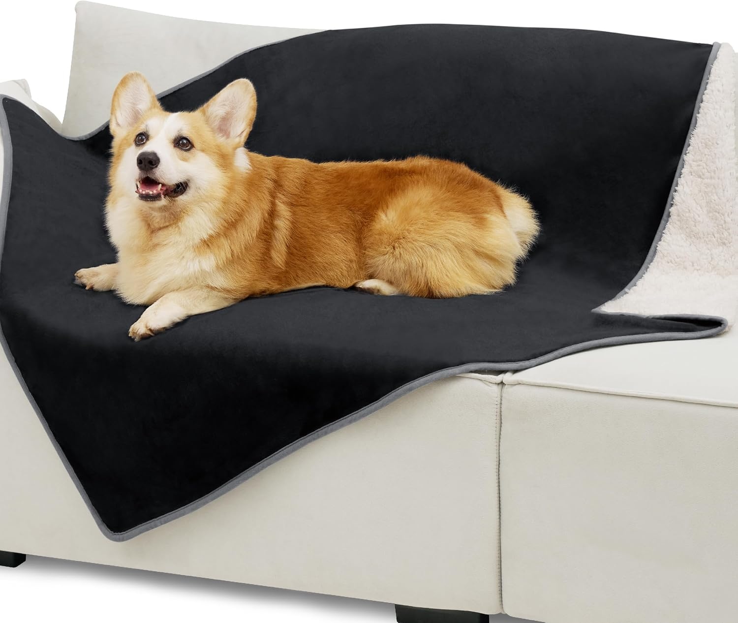 image:imageBedsure Waterproof Dog Blankets for Small Dogs 25X35 Anchor Gray Soft Print Sherpa Fleece Puppy Cat Blanket Washable Cozy Plush Reversible Throw Furniture Protector for Pet Kitten DoggyBlack