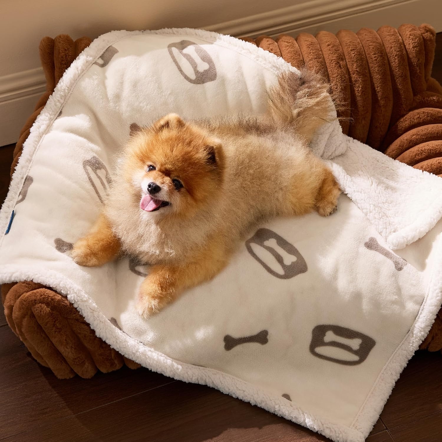 image:imageBedsure Waterproof Dog Blankets for Small Dogs 25X35 Anchor Gray Soft Print Sherpa Fleece Puppy Cat Blanket Washable Cozy Plush Reversible Throw Furniture Protector for Pet Kitten DoggyBeigebone