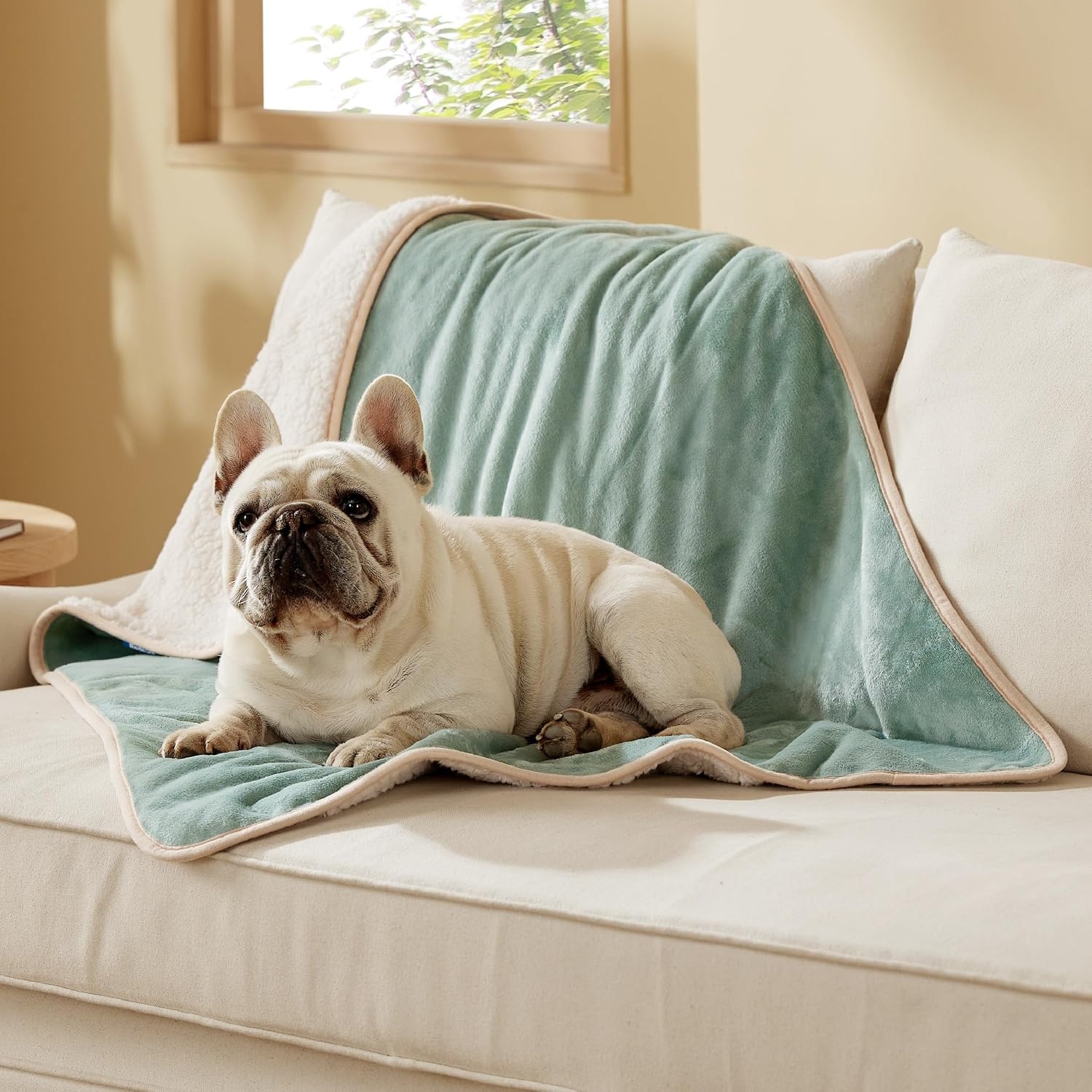 image:imageBedsure Waterproof Dog Blankets for Small Dogs 25X35 Anchor Gray Soft Print Sherpa Fleece Puppy Cat Blanket Washable Cozy Plush Reversible Throw Furniture Protector for Pet Kitten DoggyLight Green