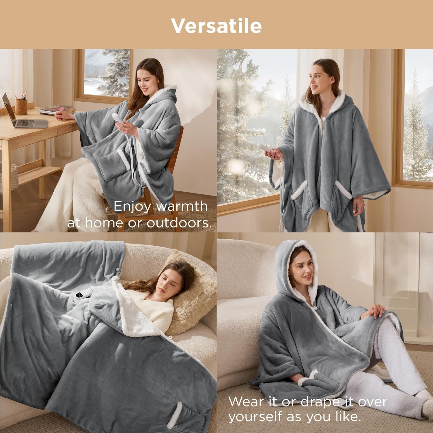 image:imageBedsure Wearable Heated Blanket with Foot Pocket amp Sleeves 50x7118 Pink Preheat Function Sherpa Electric Robe Throw Gifts for Women 6 Heat6 Timer Up to 10H Settings 8H Auto Shut Off ETLFCC01 Grey