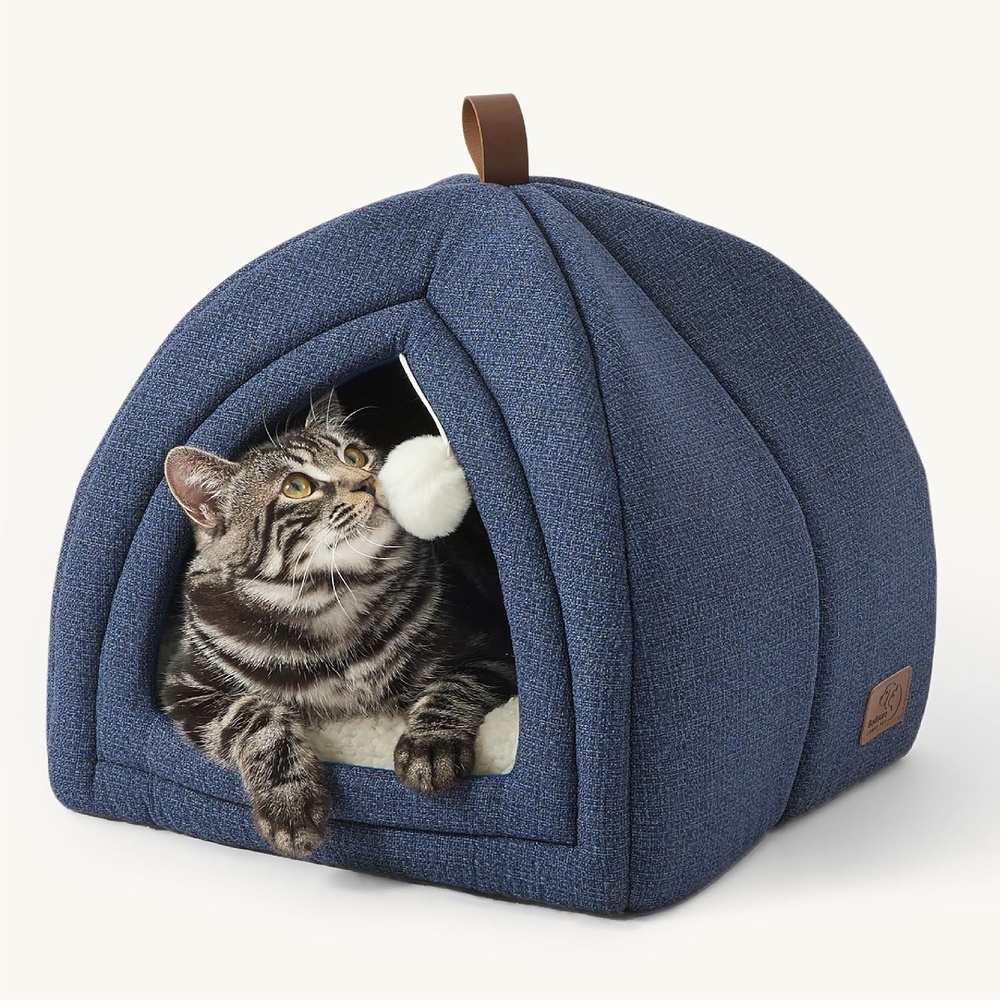 image:imageBedsure 2in1 Cat Beds for Indoor Cats Cave for Kitten with Washable Pillow 16in Cat House for Small Pet Covered Cat Tent Foldable Hideaway Fluffy Ball Anti Slip Bottom Removable Cushioned BeigeNavy