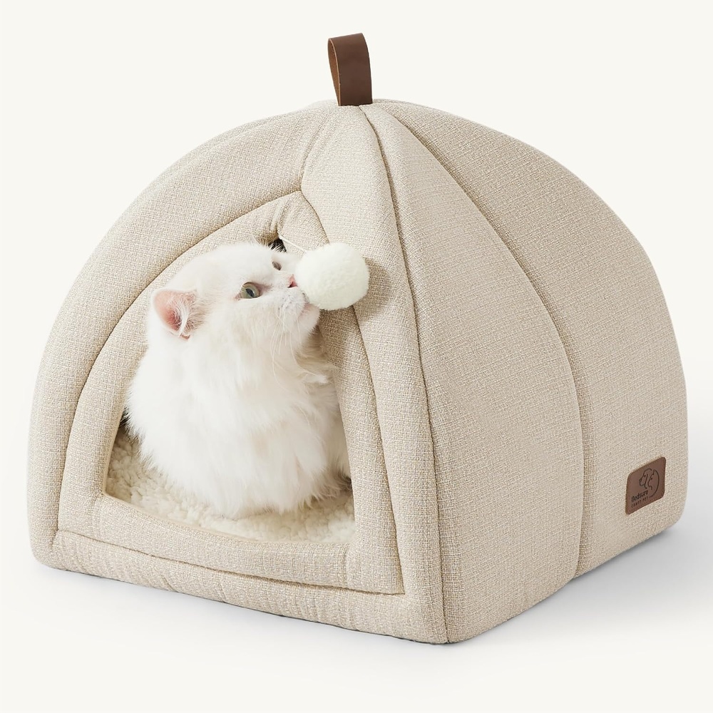 image:imageBedsure 2in1 Cat Beds for Indoor Cats Cave for Kitten with Washable Pillow 16in Cat House for Small Pet Covered Cat Tent Foldable Hideaway Fluffy Ball Anti Slip Bottom Removable Cushioned BeigeBeige