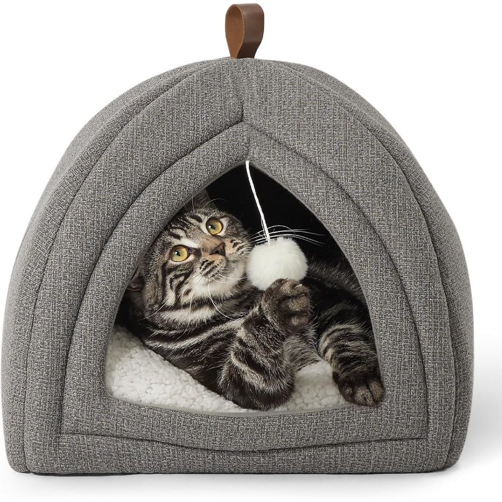 image:imageBedsure 2in1 Cat Beds for Indoor Cats Cave for Kitten with Washable Pillow  16in Cat House for Small Pet Covered Cat Tent Foldable Hideaway Fluffy Ball Anti Slip Bottom Removable Cushioned BeigeGrey