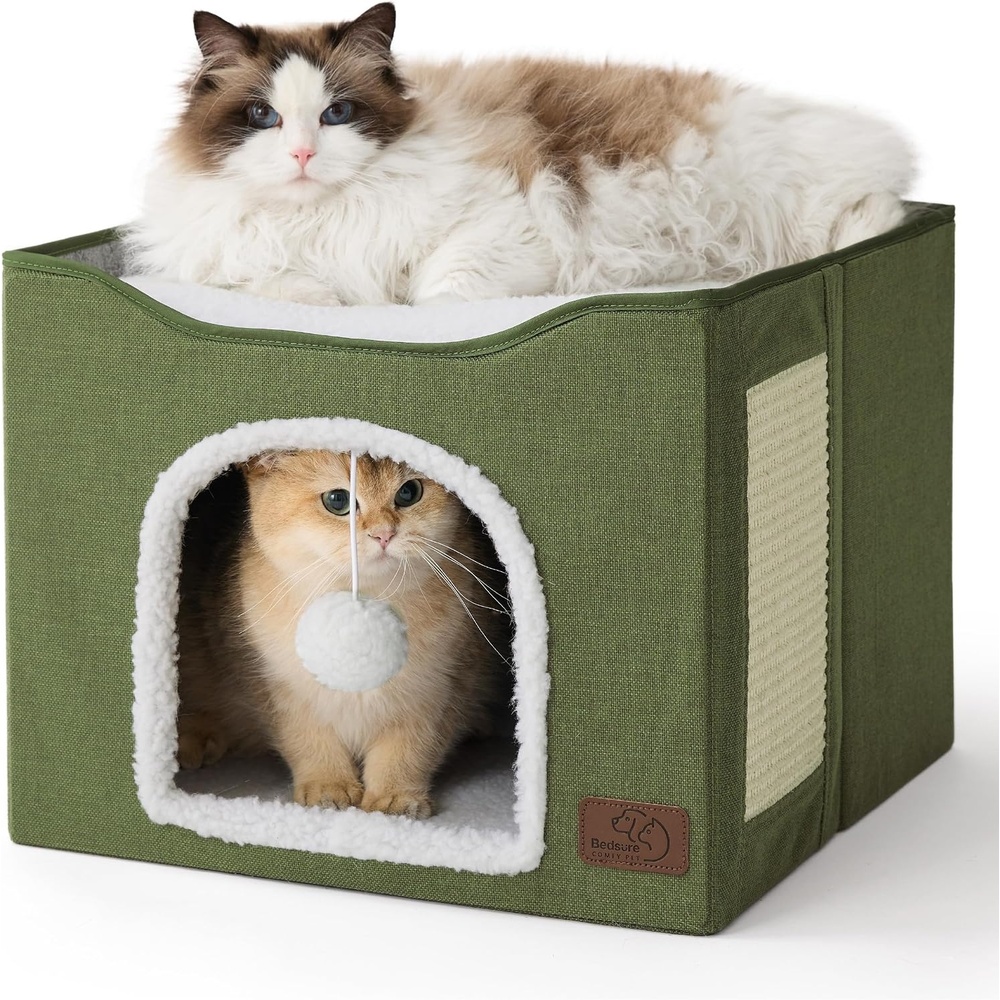 image:imageBedsure Extra Wide Cat House Bed with Fluffy Ball and Scratch PadGrey  236x169x13 inIndoor Cat Cave for Multiple Pets Foldable Cat Hideway Cube for Sleeping Large Cat and KittenLoden Green