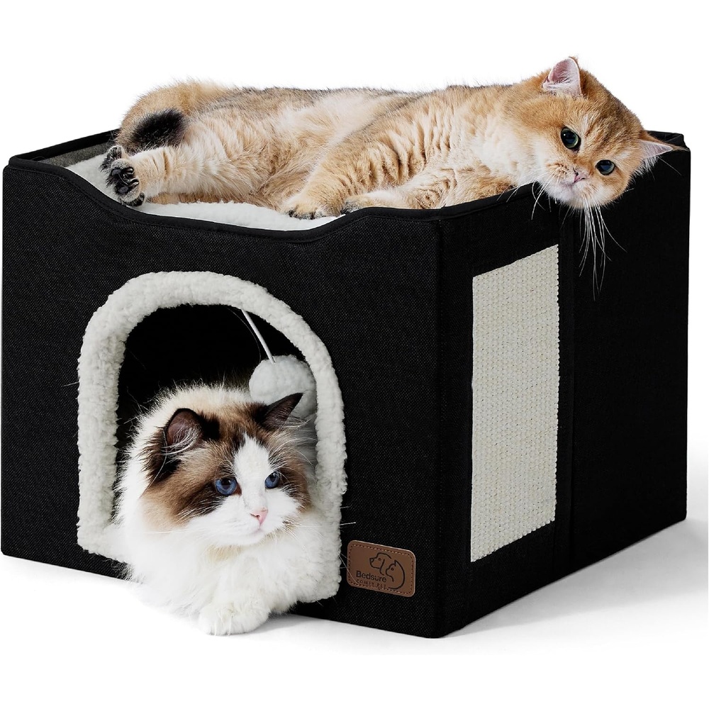 image:imageBedsure Extra Wide Cat House Bed with Fluffy Ball and Scratch PadGrey 236x169x13 inIndoor Cat Cave for Multiple Pets Foldable Cat Hideway Cube for Sleeping Large Cat and KittenBlack