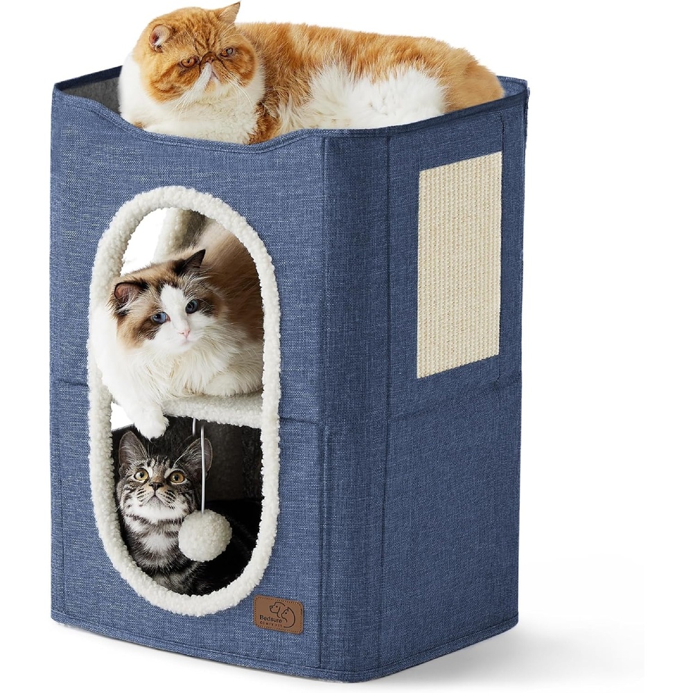 image:imageBedsure Extra Wide Cat House Bed with Fluffy Ball and Scratch PadGrey 236x169x13 inIndoor Cat Cave for Multiple Pets Foldable Cat Hideway Cube for Sleeping Large Cat and KittenBlue