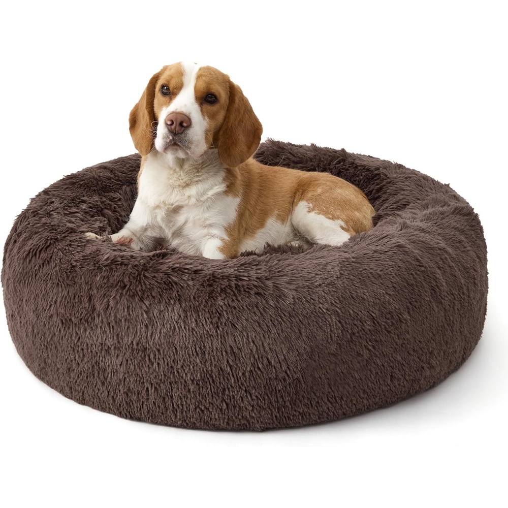 image:imageBedsure SupportMax Calming Dog Bed Medium Size Dog Washable Pet Bed30in  420GSM Plush Fluffy Faux Fur Donut RoundThick SupportiveRemovable CoverAntiSlipAntiAnxietyUp to 45 LbsCamelChestnut Brown