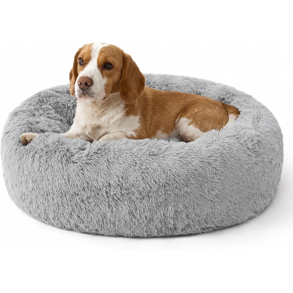 image:imageBedsure SupportMax Calming Dog Bed Medium Size Dog Washable Pet Bed30in 420GSM Plush Fluffy Faux Fur Donut RoundThick SupportiveRemovable CoverAntiSlipAntiAnxietyUp to 45 LbsCamelQuiet Gray