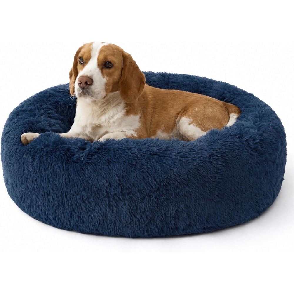 image:imageBedsure SupportMax Calming Dog Bed Medium Size Dog Washable Pet Bed30in 420GSM Plush Fluffy Faux Fur Donut RoundThick SupportiveRemovable CoverAntiSlipAntiAnxietyUp to 45 LbsCamelNavy
