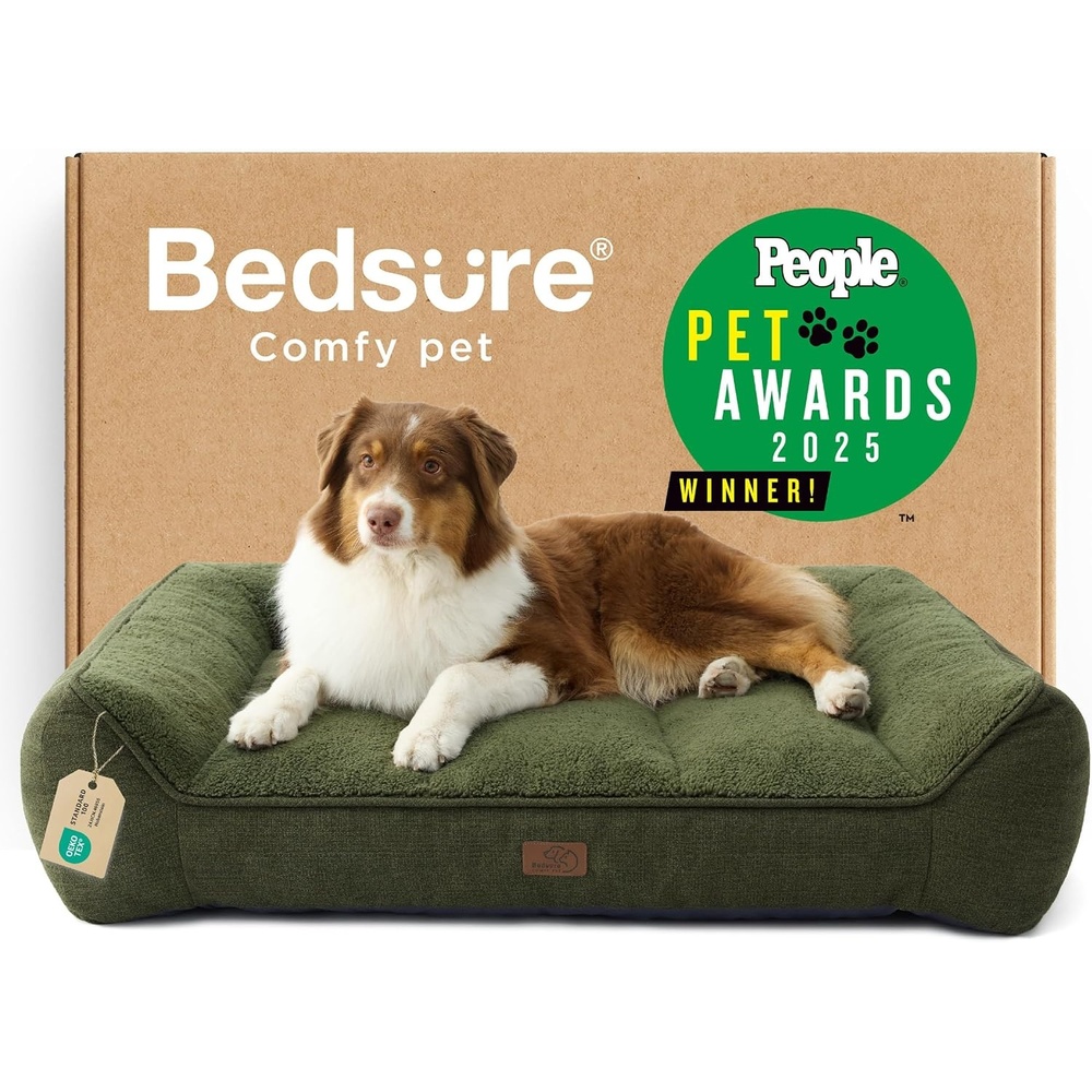 image:imageBedsure SupportMax Extra Thick Orthopedic Dog Bed Medium Size Dog 35 Premium Supportive Couch for Senior Dogs Waterresistant Removable Washable Cover Comfy Pet Sofa with Sherpa GreyDark Green