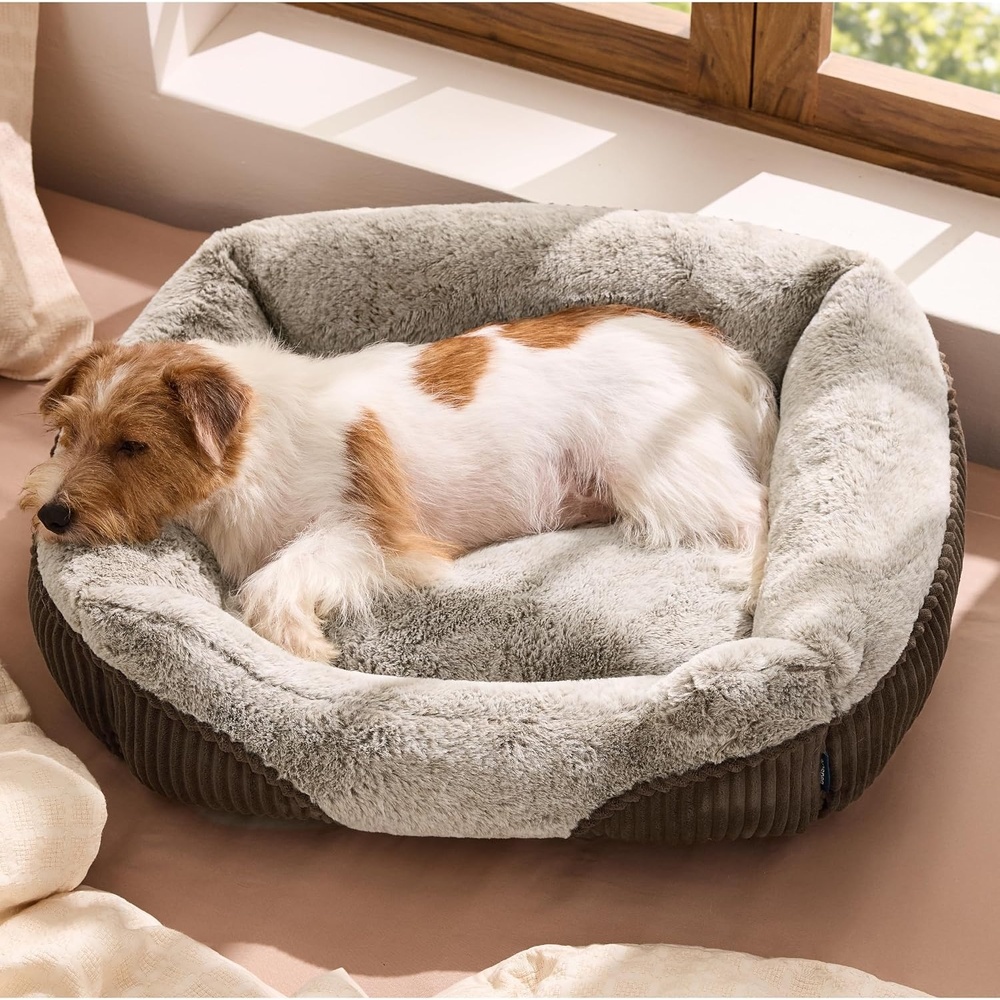 image:imageBedsure Washable Dog Bed Medium Size Dog Rectangle Big Pet Bed30x24x8in  Soft Comfy Corduroy FleeceFaux Fur PlushNonskid BottomSuitable for Dogs Up to 35lbsGreyBrown