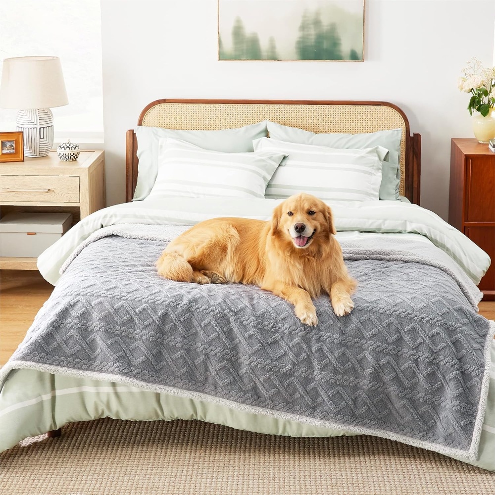image:imageBedsure Waterproof Dog Blankets for Bed Pet Blanket for Bed Couch Protector Washable Jacquard Coral Fleece Cat Throw Blanket Soft Plush Reversible Furniture Protection Queen 86x90 Pale OakGrey