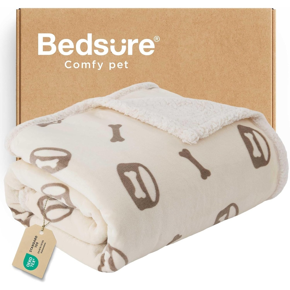 image:imageBedsure Waterproof Dog Blankets for Small Dogs 25X35 Anchor Gray Soft Print Sherpa Fleece Puppy Cat Blanket Washable Cozy Plush Reversible Throw Furniture Protector for Pet Kitten DoggyBeigebone