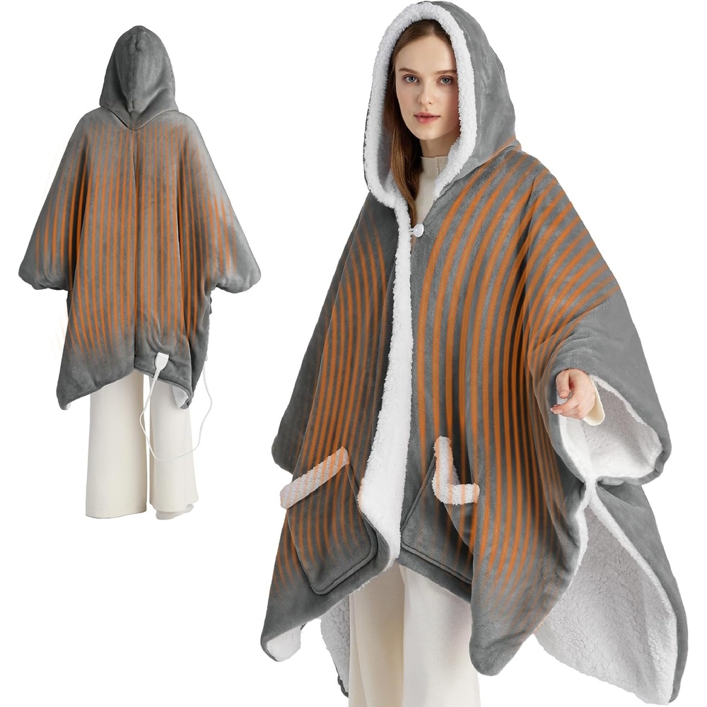 image:imageBedsure Wearable Heated Blanket with Foot Pocket amp Sleeves 50x7118 Pink  Preheat Function Sherpa Electric Robe Throw Gifts for Women 6 Heat6 Timer Up to 10H Settings 8H Auto Shut Off ETLFCC01  Grey