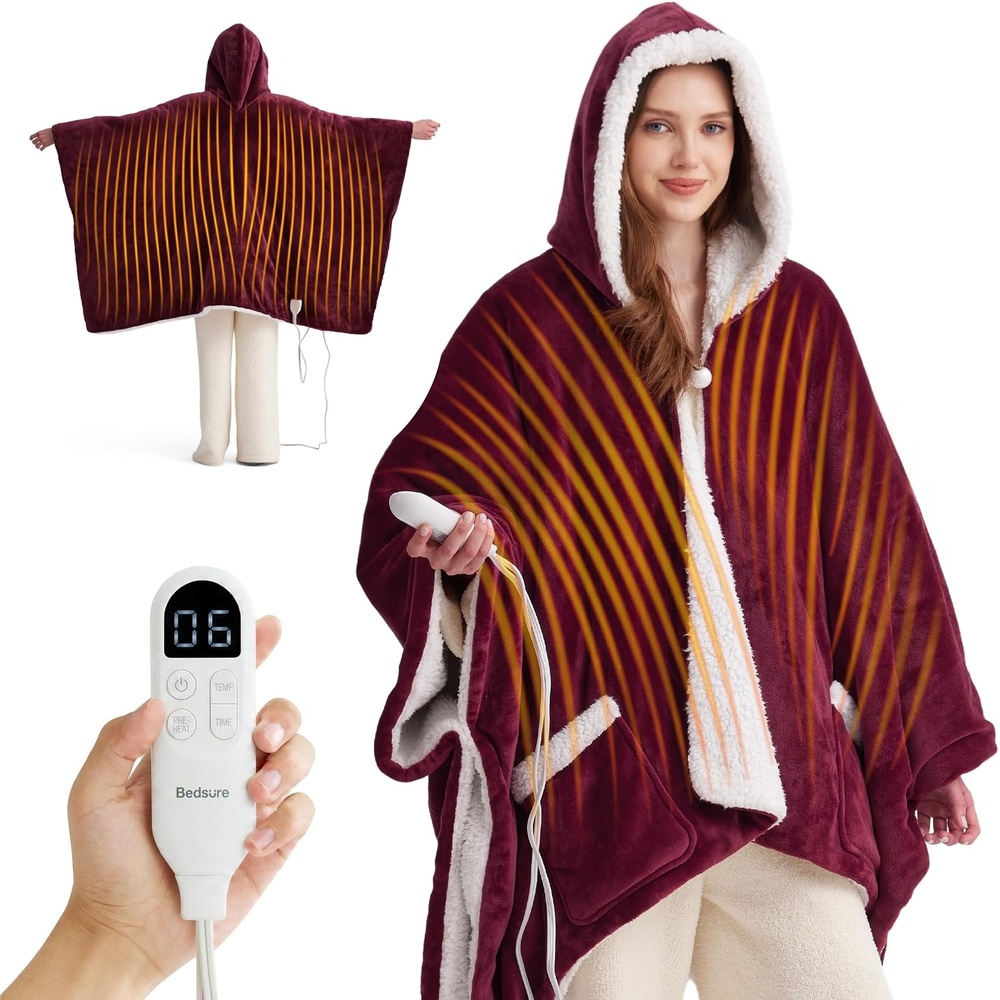 image:imageBedsure Wearable Heated Blanket with Foot Pocket amp Sleeves 50x7118 Pink  Preheat Function Sherpa Electric Robe Throw Gifts for Women 6 Heat6 Timer Up to 10H Settings 8H Auto Shut Off ETLFCC04  Burgundy