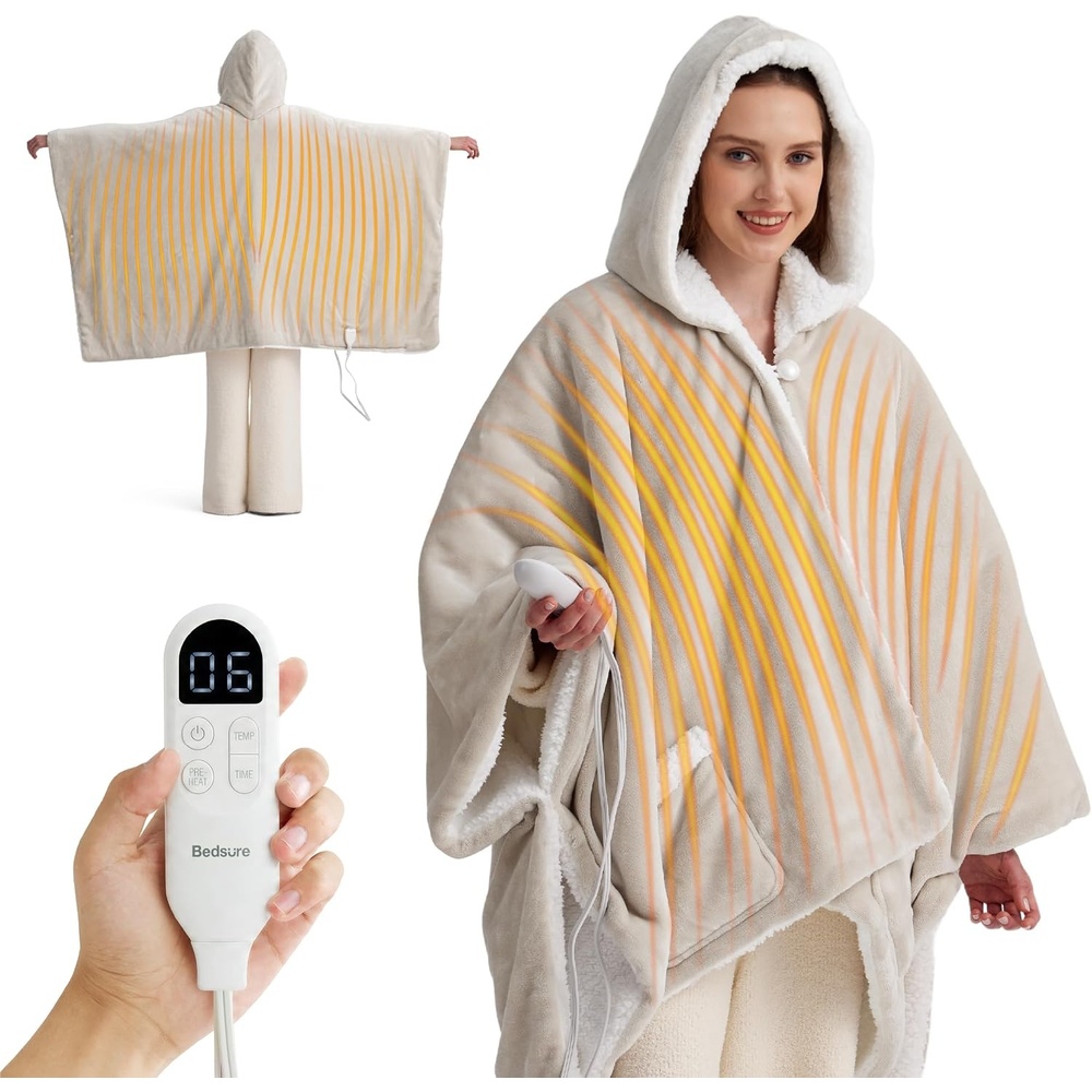 image:imageBedsure Wearable Heated Blanket with Foot Pocket amp Sleeves 50x7118 Pink  Preheat Function Sherpa Electric Robe Throw Gifts for Women 6 Heat6 Timer Up to 10H Settings 8H Auto Shut Off ETLFCC03  Cream