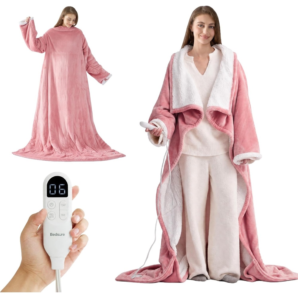 image:imageBedsure Wearable Heated Blanket with Foot Pocket amp Sleeves 50x7118 Pink  Preheat Function Sherpa Electric Robe Throw Gifts for Women 6 Heat6 Timer Up to 10H Settings 8H Auto Shut Off ETLFCC09  Pink