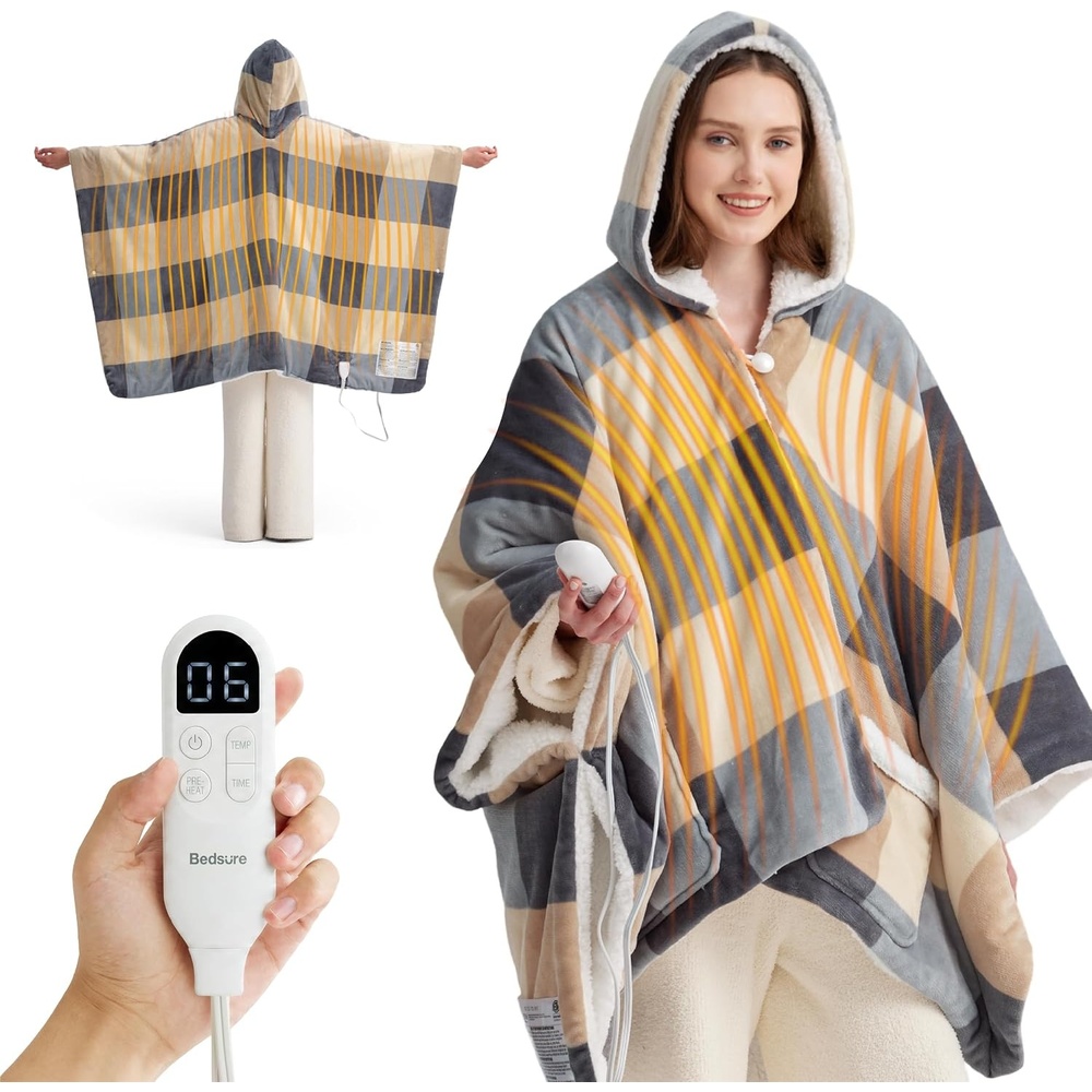 image:imageBedsure Wearable Heated Blanket with Foot Pocket amp Sleeves 50x7118 Pink Preheat Function Sherpa Electric Robe Throw Gifts for Women 6 Heat6 Timer Up to 10H Settings 8H Auto Shut Off ETLFCC00 Beige Plaid