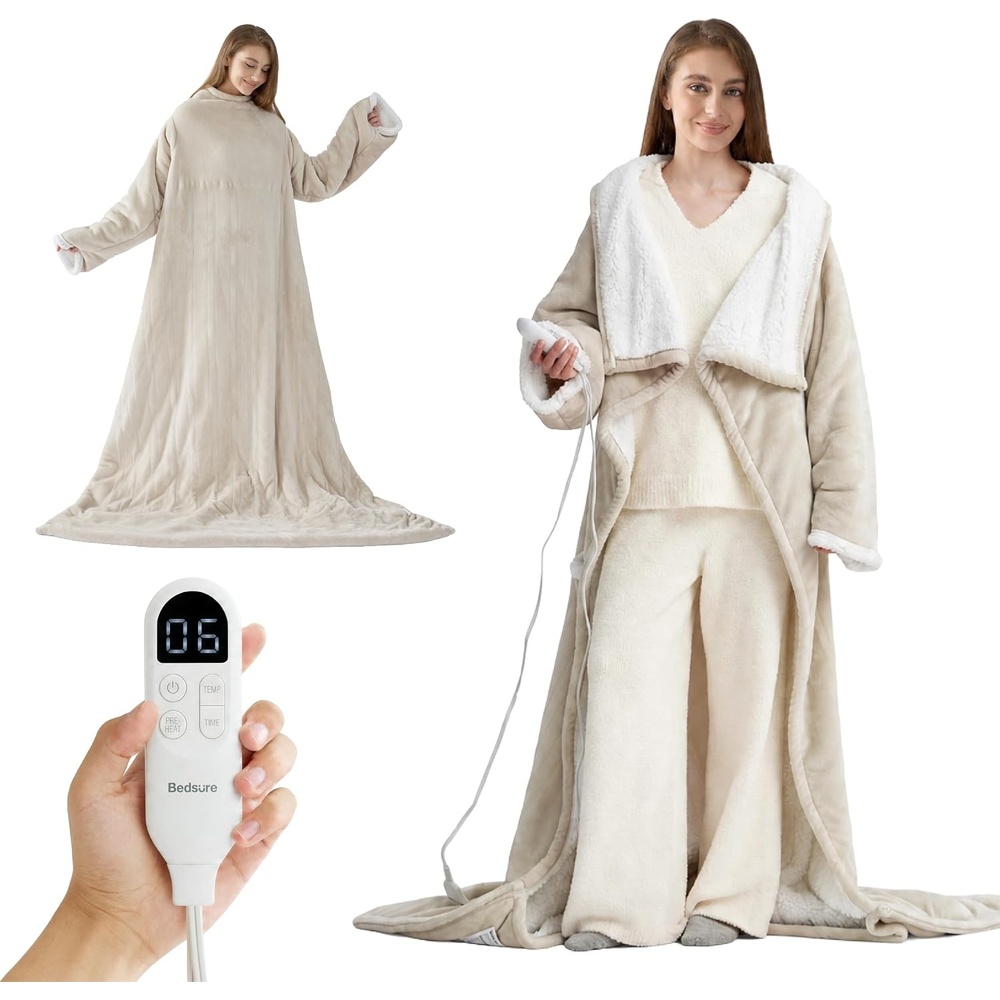 image:imageBedsure Wearable Heated Blanket with Foot Pocket amp Sleeves 50x7118 Pink  Preheat Function Sherpa Electric Robe Throw Gifts for Women 6 Heat6 Timer Up to 10H Settings 8H Auto Shut Off ETLFCC10  Cream