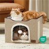 Bedsure Extra Wide Cat House Bed with Fluffy Ball and Scratch Pad,Grey | 23.6×16.9×13 in,Indoor Cat Cave for Multiple Pets, Foldable Cat Hideway Cube for Sleeping Large Cat and Kitten(Brown)