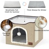 Bedsure Extra Wide Cat House Bed with Fluffy Ball and Scratch Pad,Grey | 23.6×16.9×13 in,Indoor Cat Cave for Multiple Pets, Foldable Cat Hideway Cube for Sleeping Large Cat and Kitten(Brown)