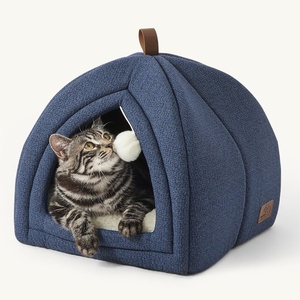 Bedsure 2in1 Cat Beds for Indoor Cats Cave for Kitten with Washable Pillow | 16in, Cat House for Small Pet, Covered Cat Tent, Foldable Hideaway, Fluffy Ball, Anti Slip Bottom, Removable Cushioned ,Beige(Navy)