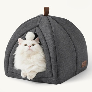 Bedsure 2in1 Cat Beds for Indoor Cats Cave for Kitten with Washable Pillow | 16in, Cat House for Small Pet, Covered Cat Tent, Foldable Hideaway, Fluffy Ball, Anti Slip Bottom, Removable Cushioned ,Beige(Dark Grey)