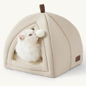 Bedsure 2in1 Cat Beds for Indoor Cats Cave for Kitten with Washable Pillow | 16in, Cat House for Small Pet, Covered Cat Tent, Foldable Hideaway, Fluffy Ball, Anti Slip Bottom, Removable Cushioned ,Beige(Beige)