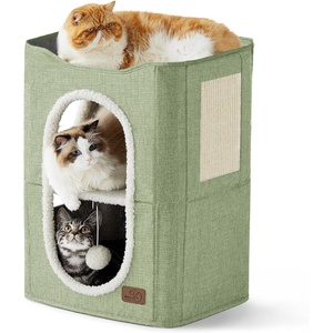 Bedsure Extra Wide Cat House Bed with Fluffy Ball and Scratch Pad,Grey | 23.6×16.9×13 in,Indoor Cat Cave for Multiple Pets, Foldable Cat Hideway Cube for Sleeping Large Cat and Kitten(Green)