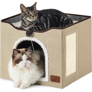 Bedsure Extra Wide Cat House Bed with Fluffy Ball and Scratch Pad,Grey | 23.6×16.9×13 in,Indoor Cat Cave for Multiple Pets, Foldable Cat Hideway Cube for Sleeping Large Cat and Kitten(Brown)